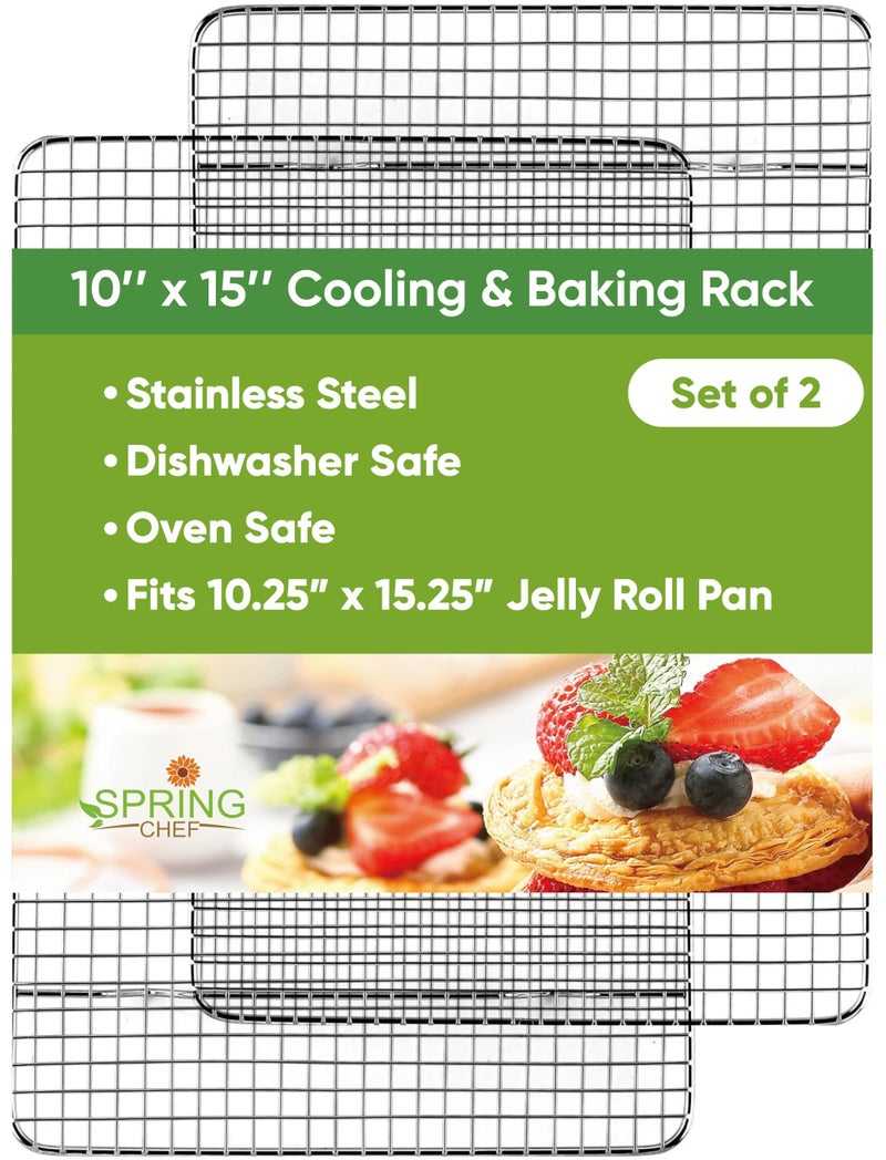 Spring Chef رفوف تبريد من الفولاذ المقاوم للصدأ 10" × 15" من سبرينغ شيف للخبز - آمنة للاستخدام في الفرن - رفوف بسكويت لتبريد البسكويت - تناسب صينية جيلي رول - مثالية للشواء، التحميص، الطهي، التجفيف - مجموعة من 2 - Image 1